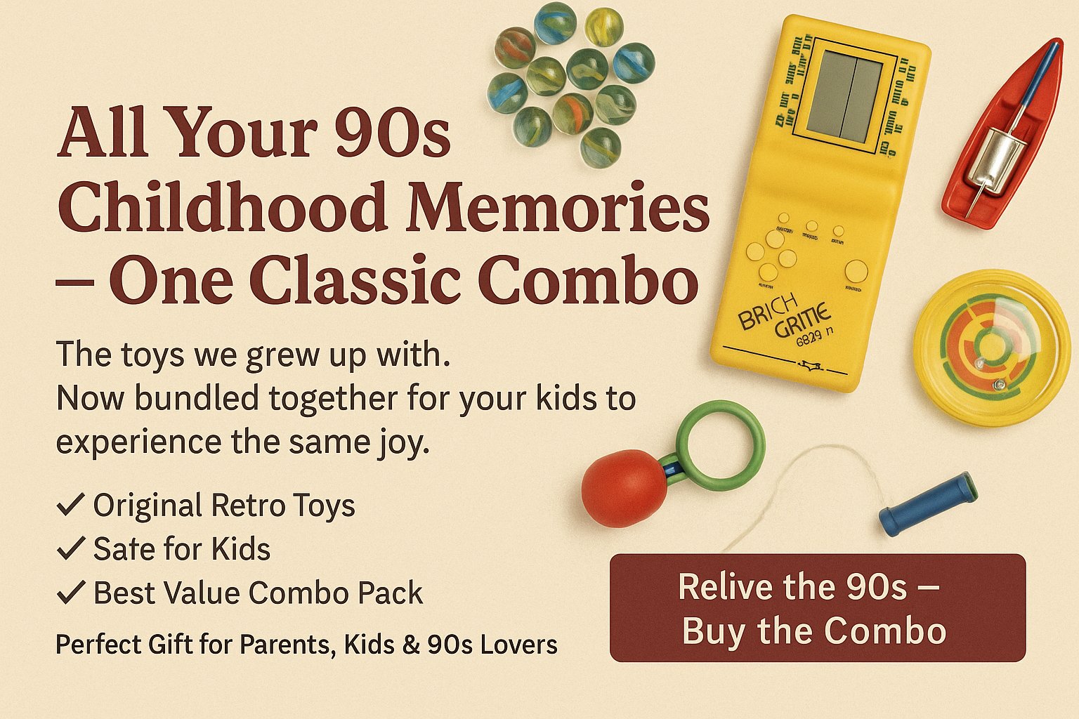  combo pack of retro toys with text about 90s childhood memories.