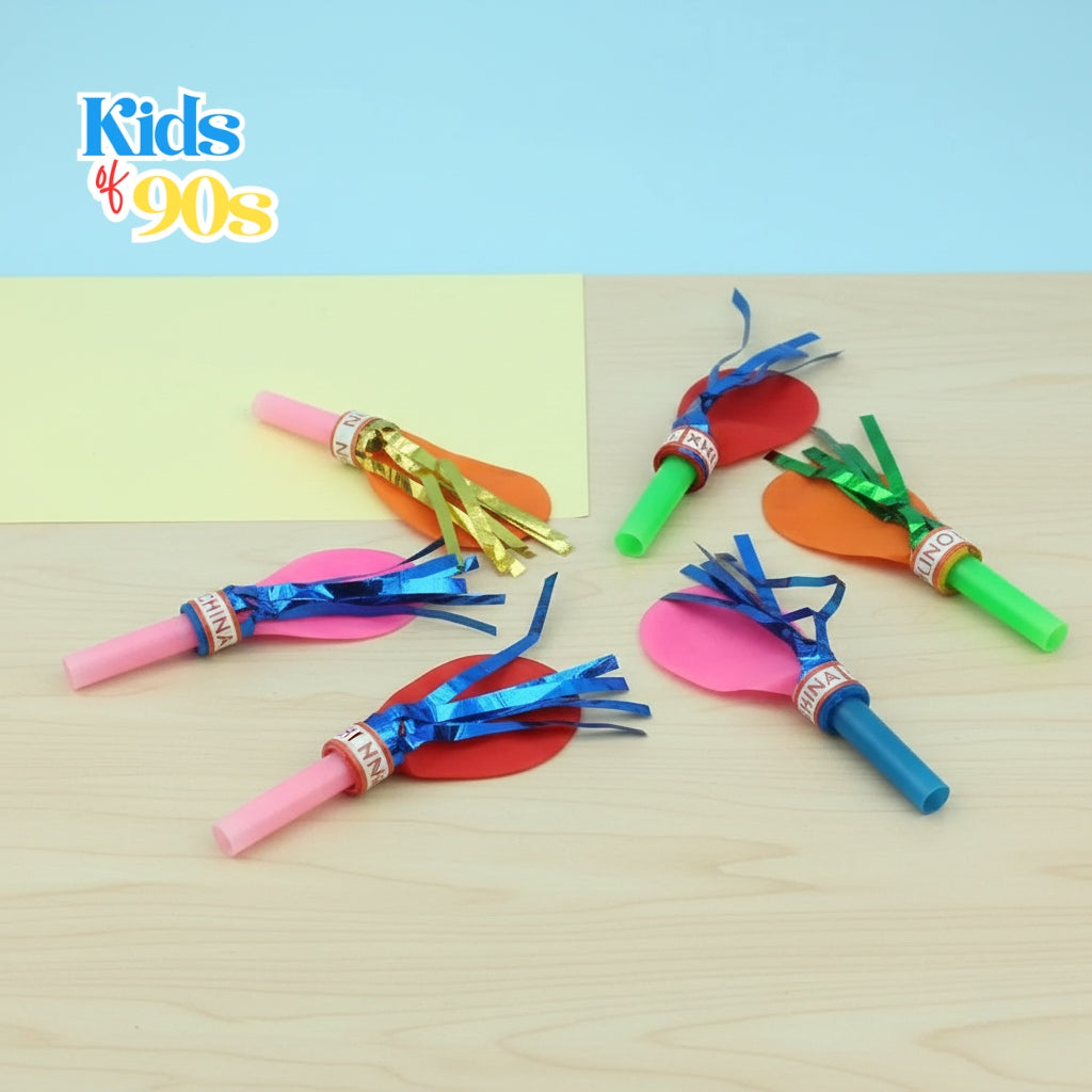 90s Party Blower Toy – Retro Blow-Out Whistle with Foil Streamers | Classic Birthday Fun Toy | Kids of 90s